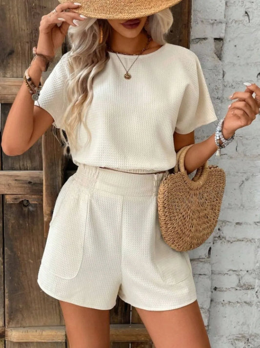 Round Neck Short Sleeve Top and Shorts Set - Thalia Chic