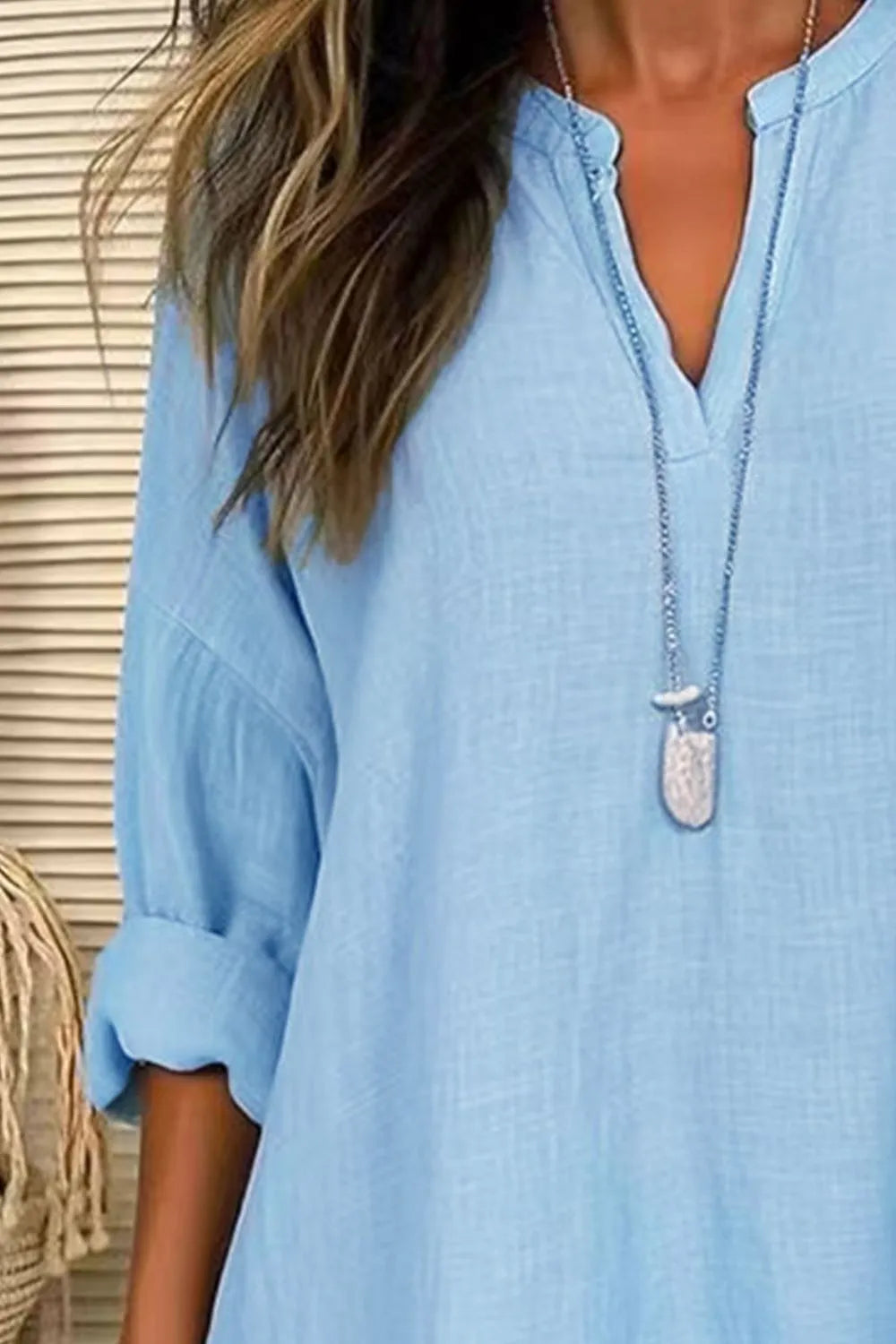 Solid Color Notched Long Sleeve Blouse - Thalia Chic