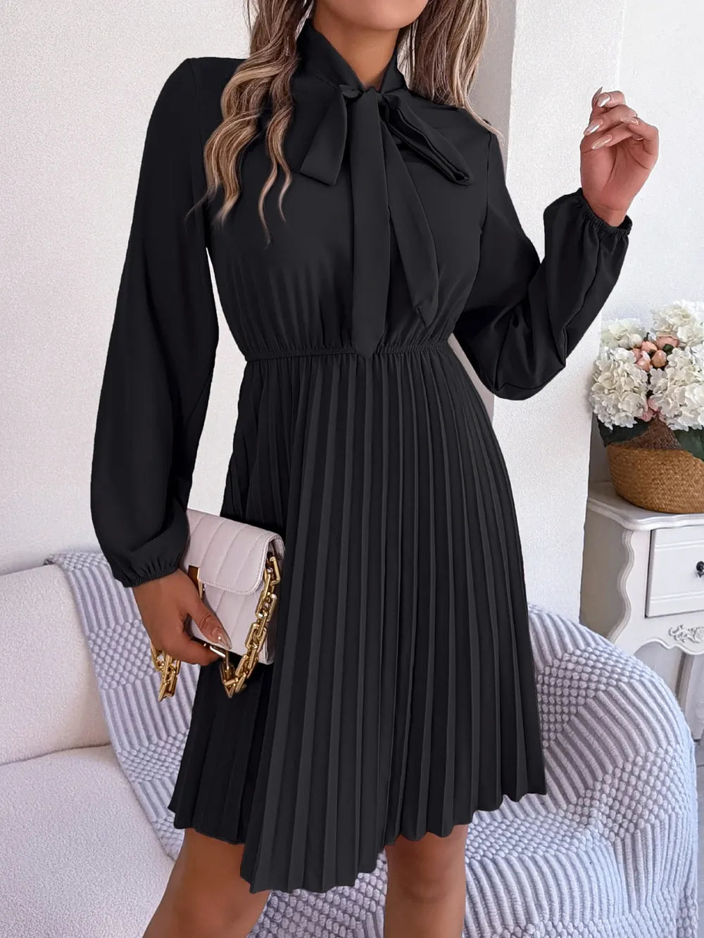Tie Neck Balloon Sleeve Pleated Dress - Thalia Chic