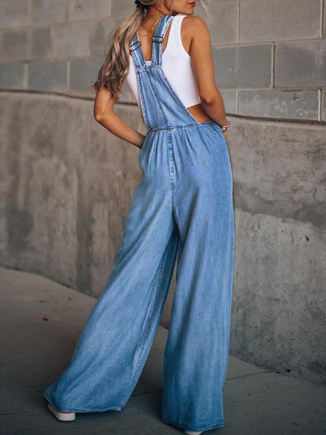 Wide Leg Denim Overalls - Thalia Chic