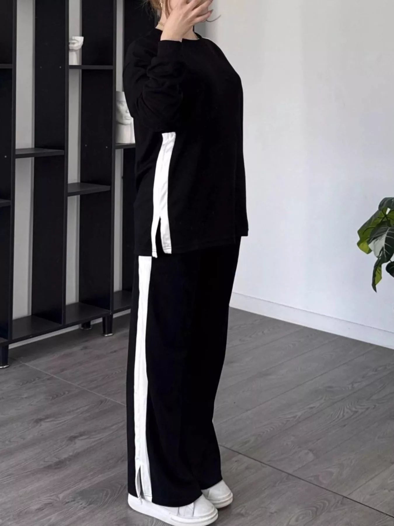 Full Size Contrast Round Neck Top and Pants Set Plus Size - Thalia Chic