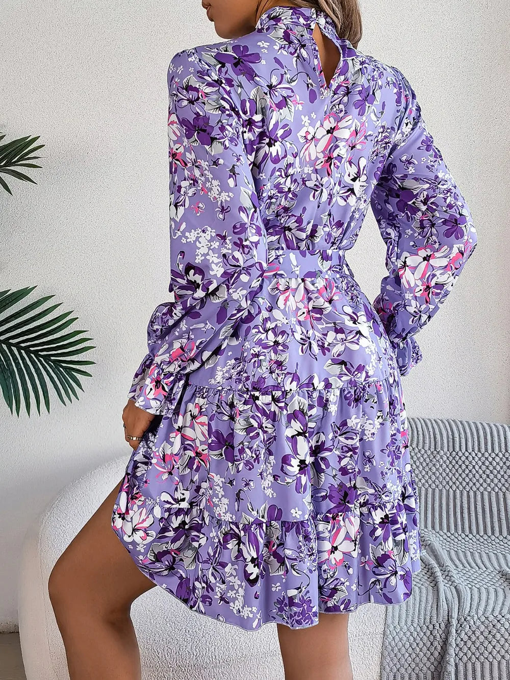 Printed Mock Neck Flounce Sleeve Mini Dress - Thalia Chic