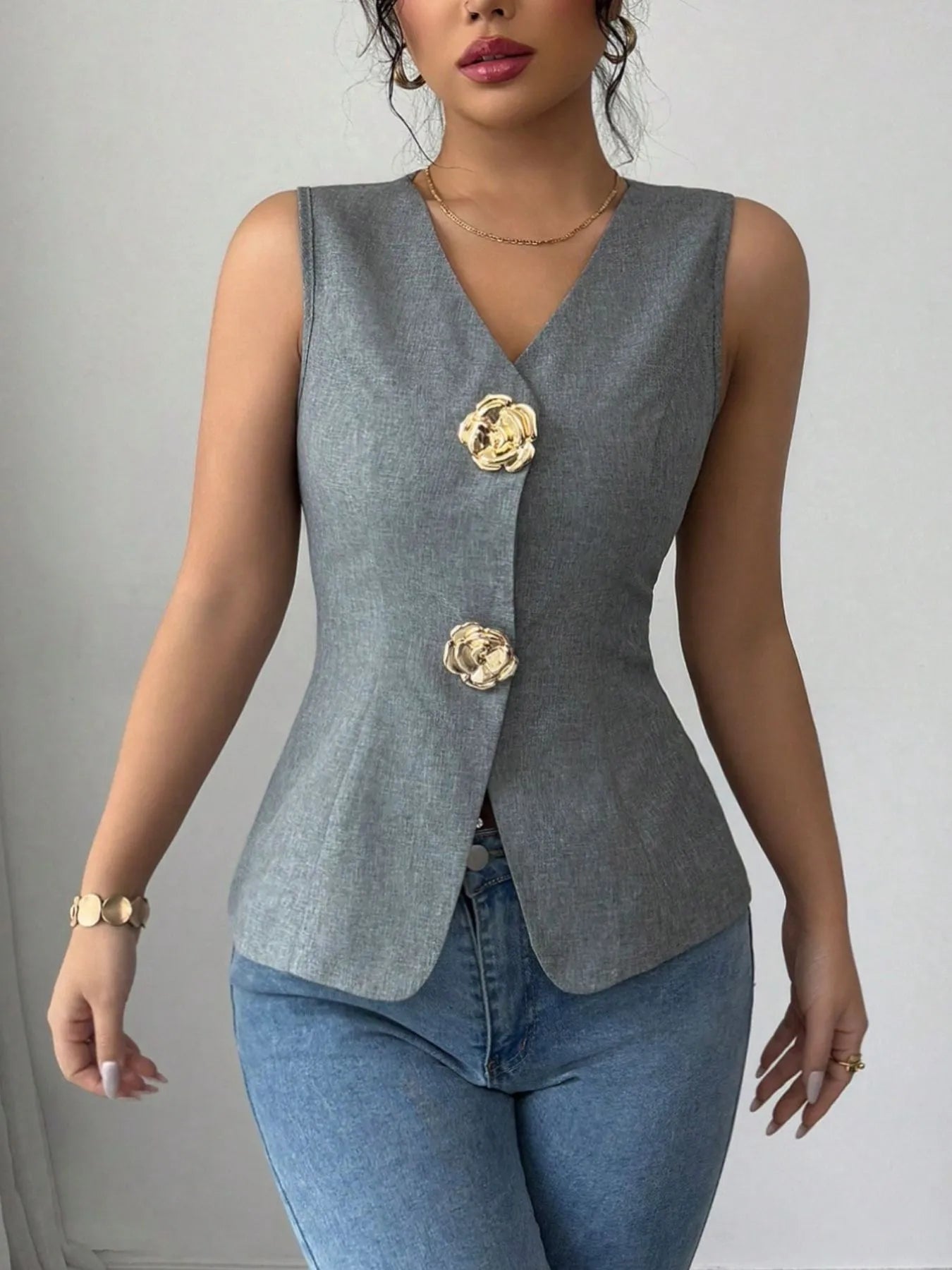 V-Neck Button Detail Tank Top - Thalia Chic