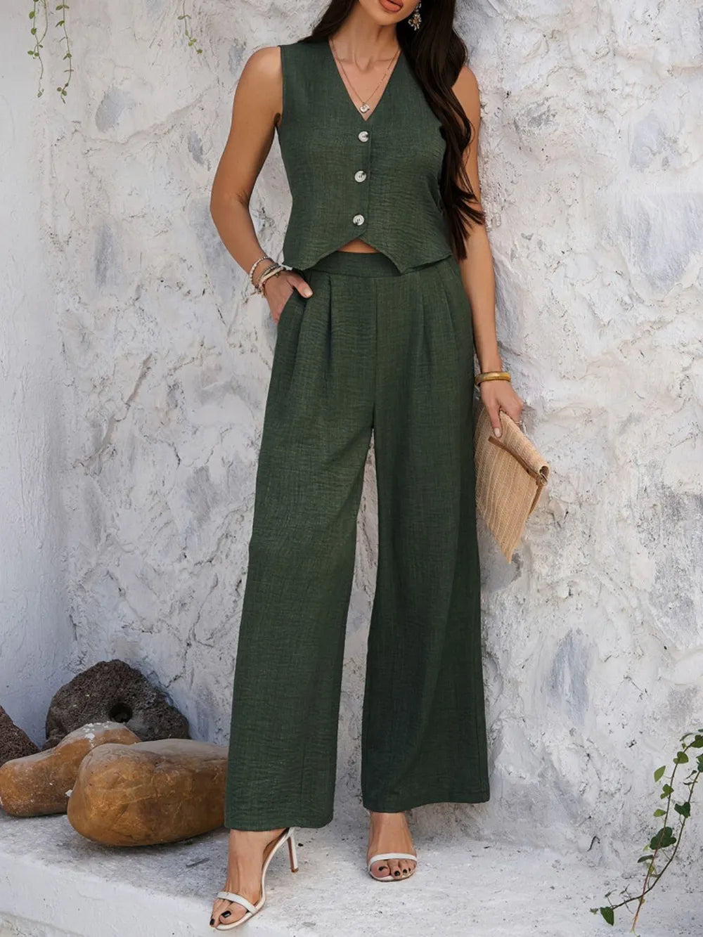 Devine Button Down Vest and Wide Leg Pants Set - Thalia Chic