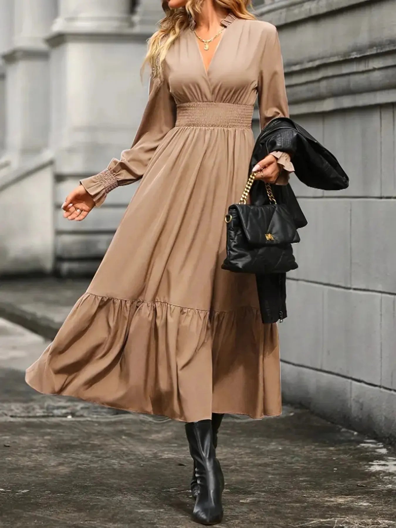 Notched Long Sleeve Tiered Dress - Thalia Chic