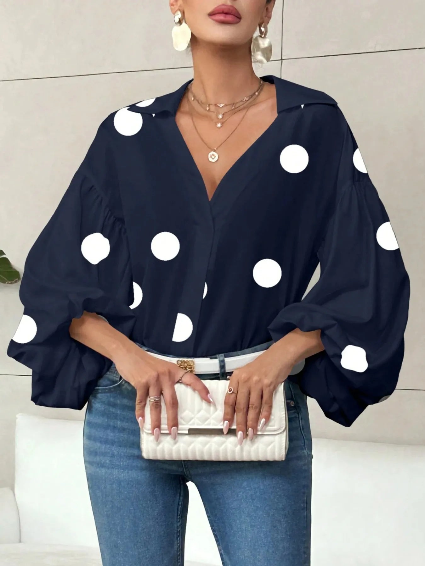 Polka Dot Balloon Sleeve Blouse - Thalia Chic