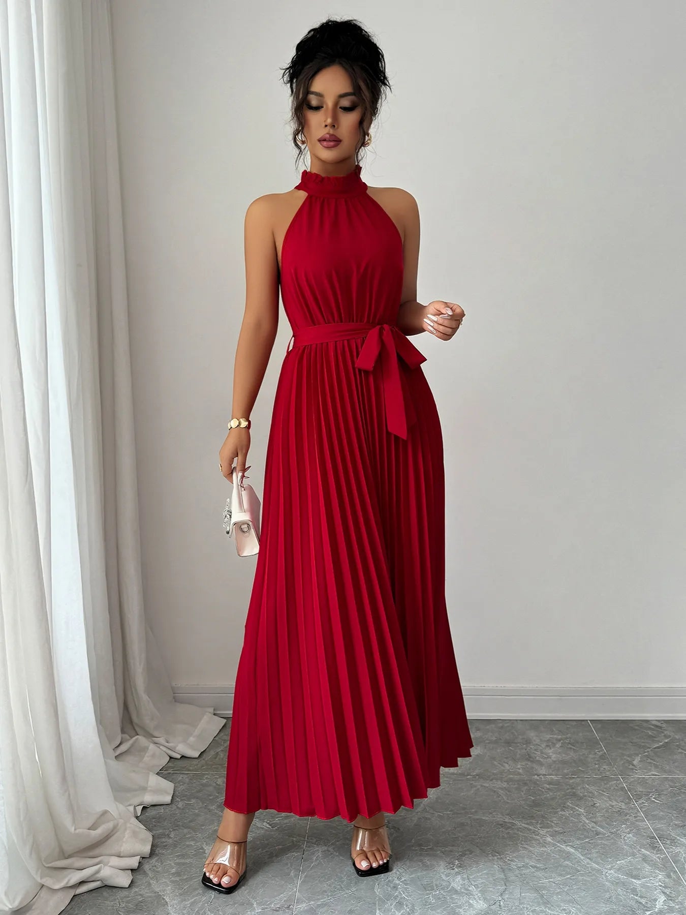 Pleated Halter Neck Tie Waist Maxi Dress - Thalia Chic