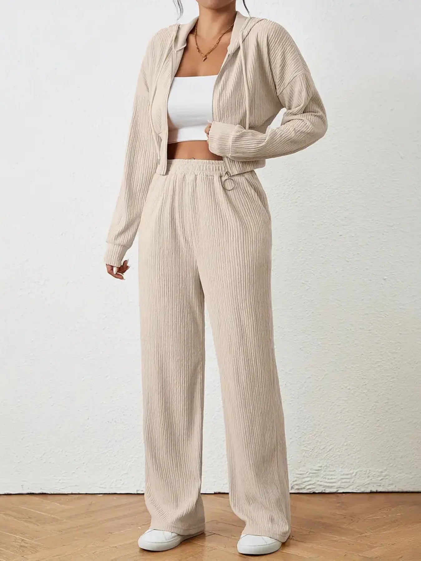 Drawstring Zip Up Hooded Top and Pants Set - Thalia Chic