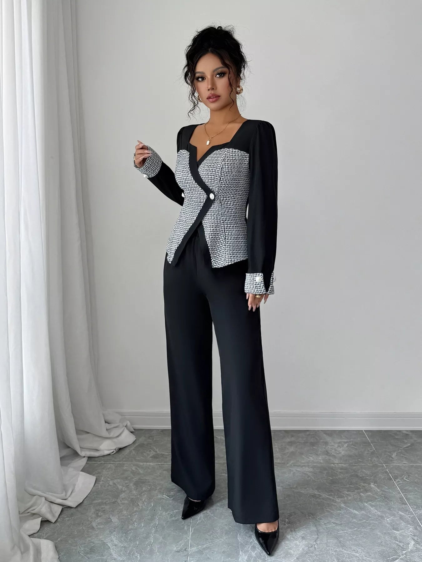 Long Sleeve Top and Wide Leg Pants Set - Thalia Chic