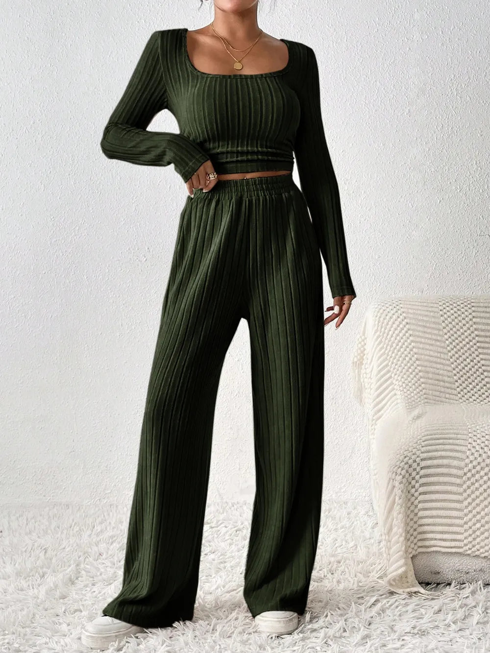 Honey Scoop Neck Long Sleeve Top and Pants Set - Thalia Chic