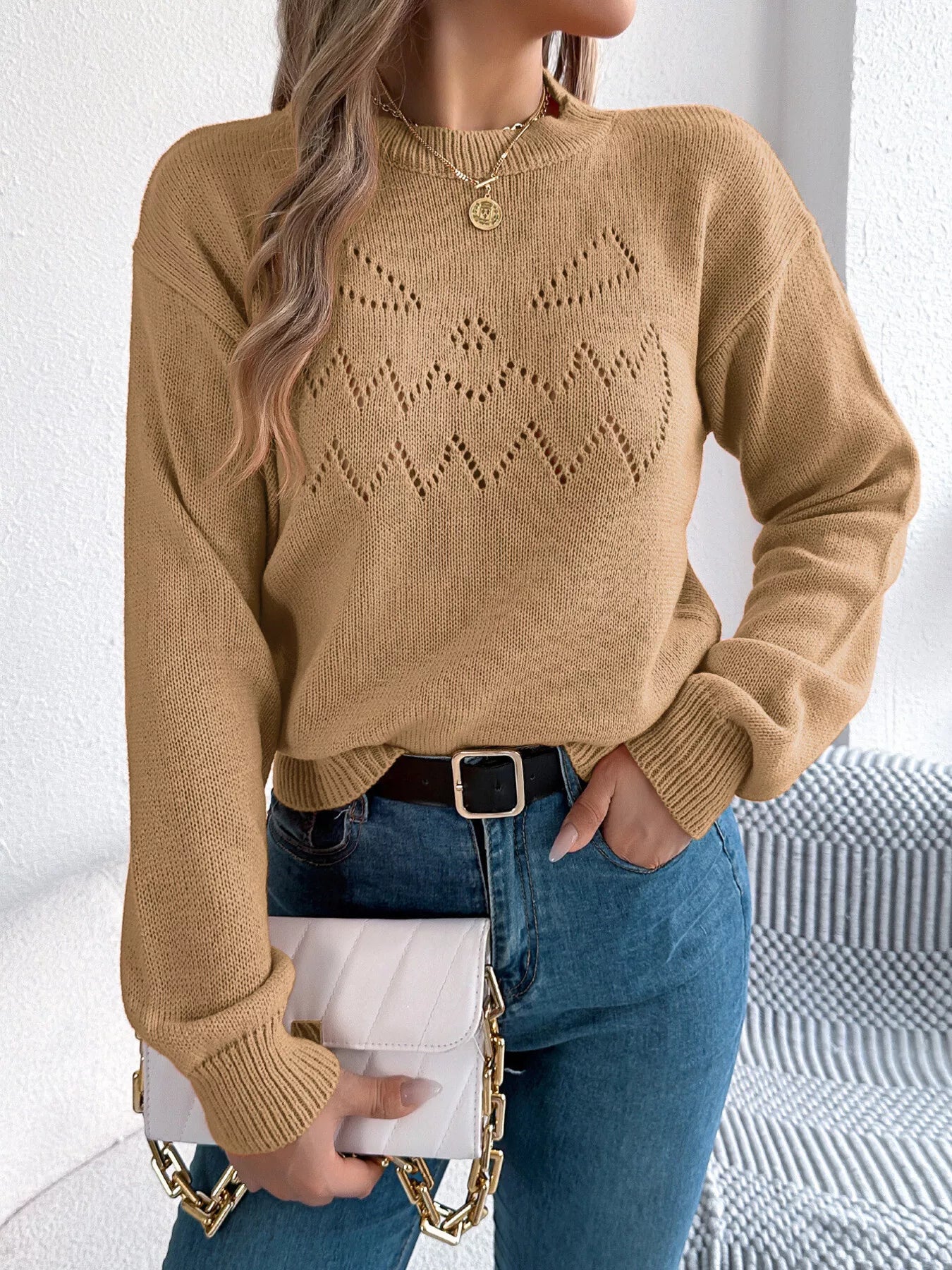 Openwork Round Neck Long Sleeve Sweater - Thalia Chic