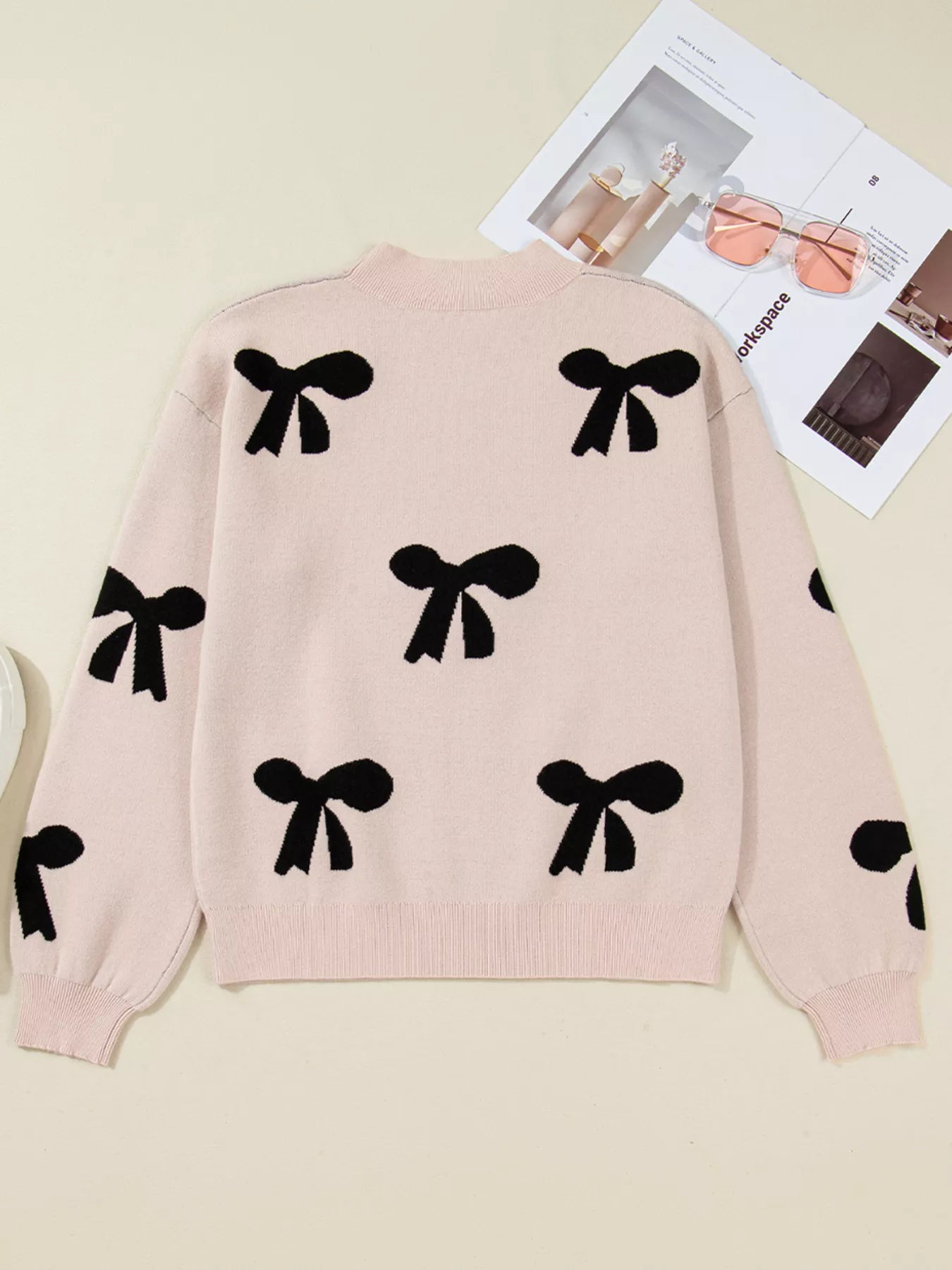 Pearl Embellished Bow Pattern Loose Sweater - Thalia Chic