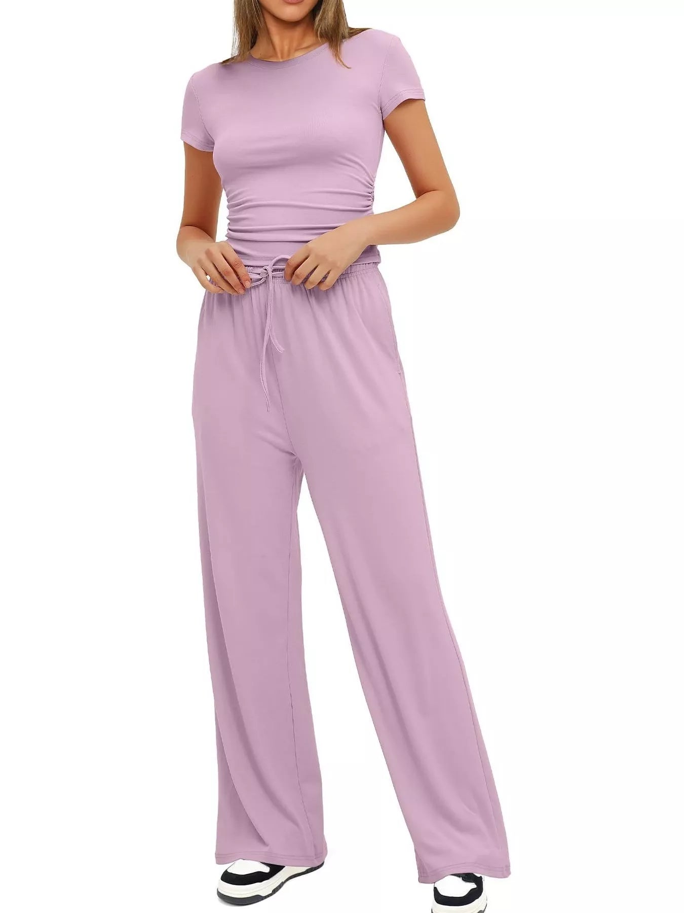 Round Neck Short Sleeve T-Shirt and Pants Set - Thalia Chic