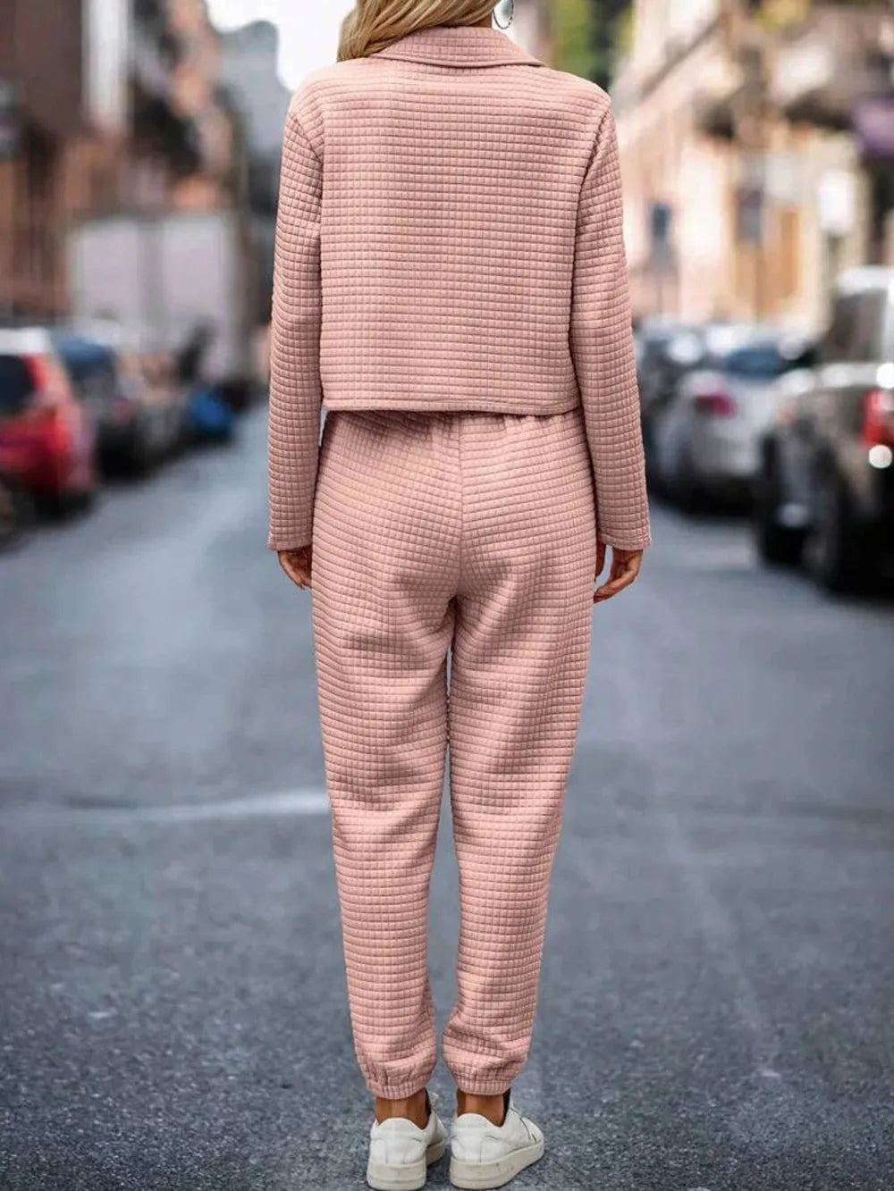 Plaid Texture Snap Down Top and Pants Set - Thalia Chic