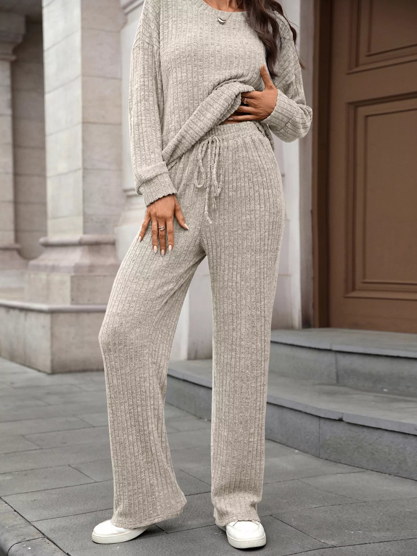 Ribbed Round Neck Top and Pants Set - Thalia Chic