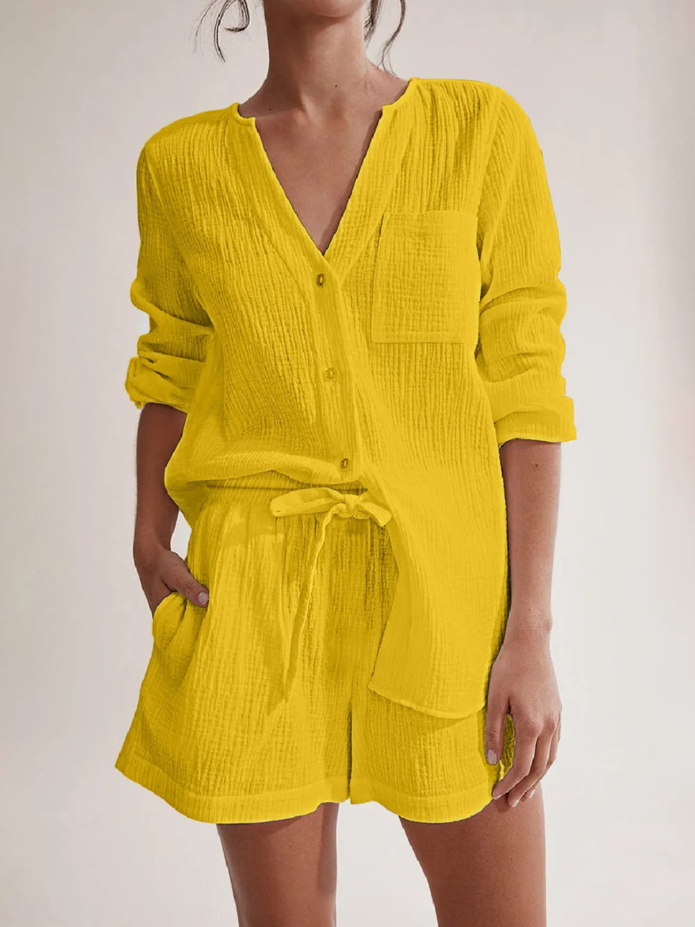 Notched Long Sleeve Top and Shorts Set - Thalia Chic