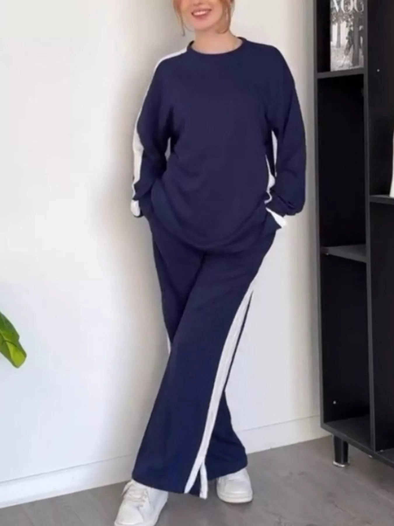 Full Size Contrast Round Neck Top and Pants Set Plus Size - Thalia Chic