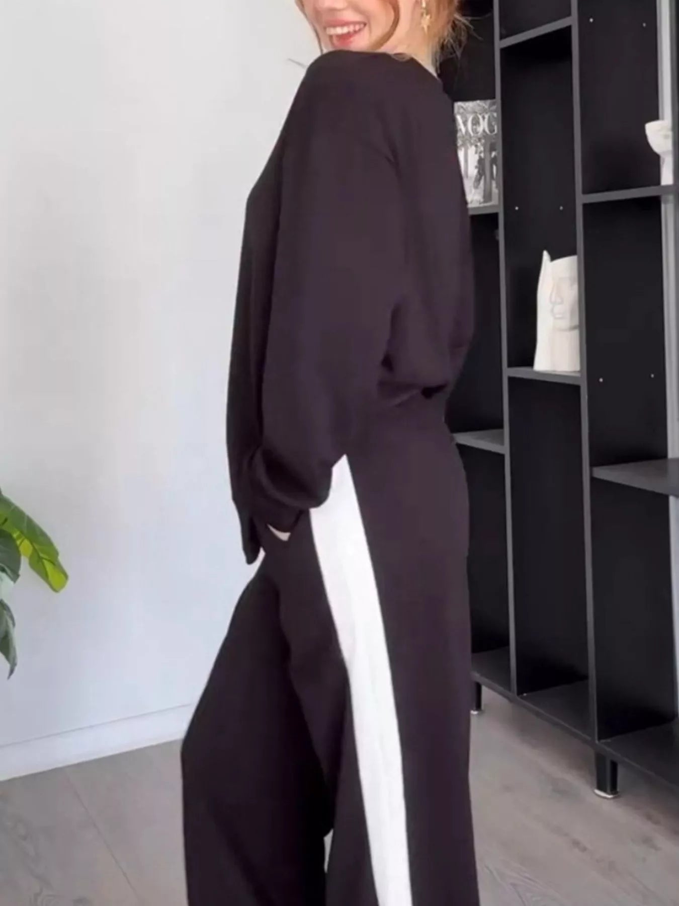 Full Size Contrast Round Neck Top and Pants Set Plus Size - Thalia Chic