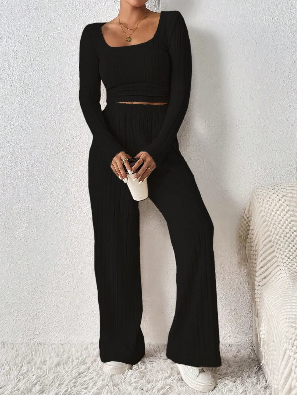 Honey Scoop Neck Long Sleeve Top and Pants Set - Thalia Chic