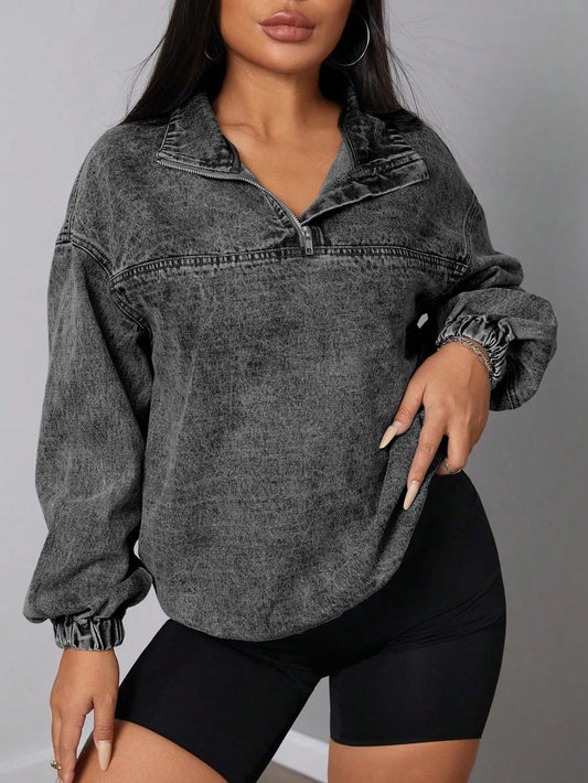 Elastic Hem Quarter Zip Denim Top - Thalia Chic