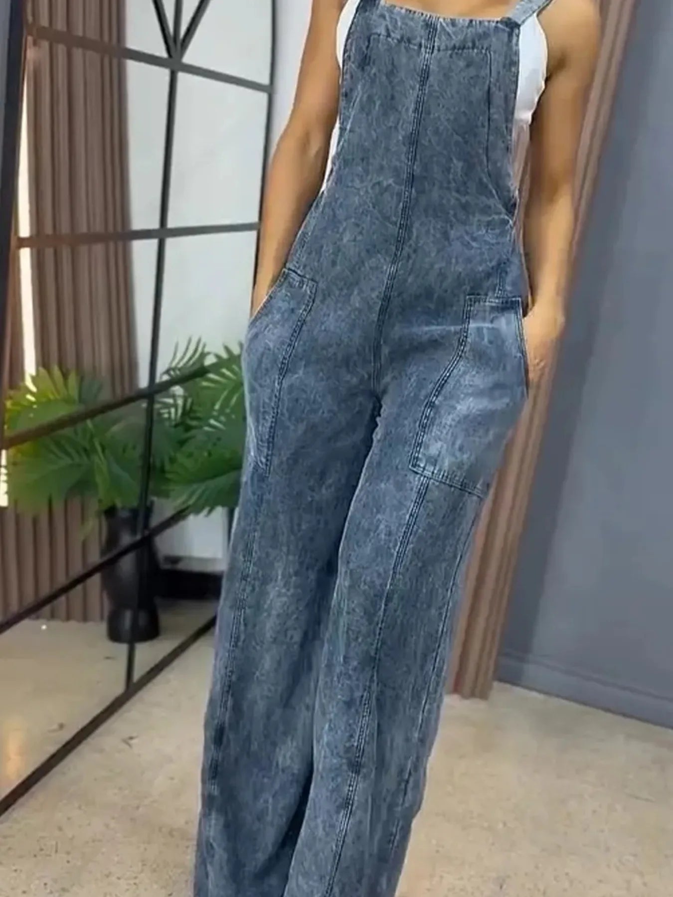 Full Size Wide Leg Washed Denim Overalls Plus Size - Thalia Chic