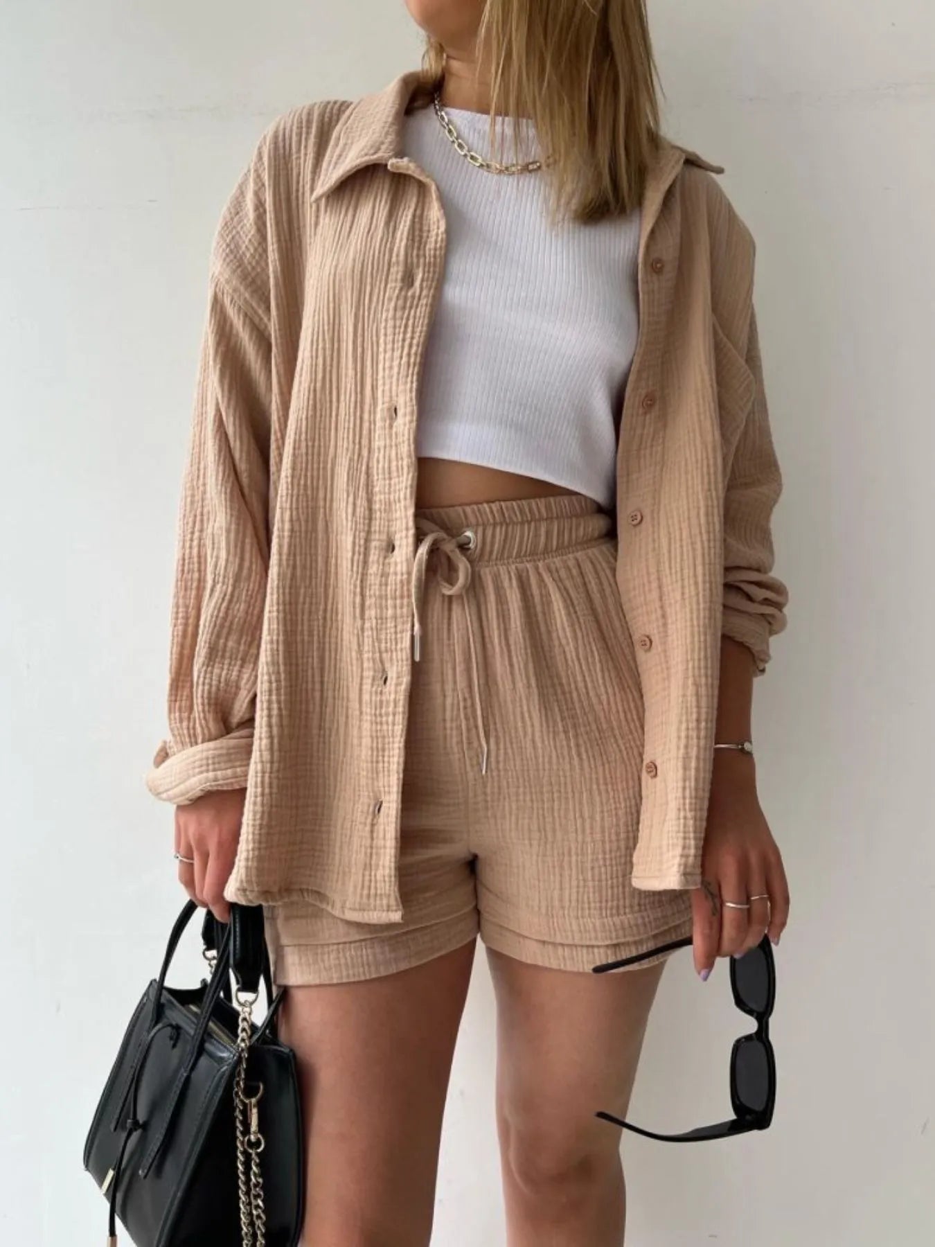 Textured Button Up Shirt and Shorts Set - Thalia Chic