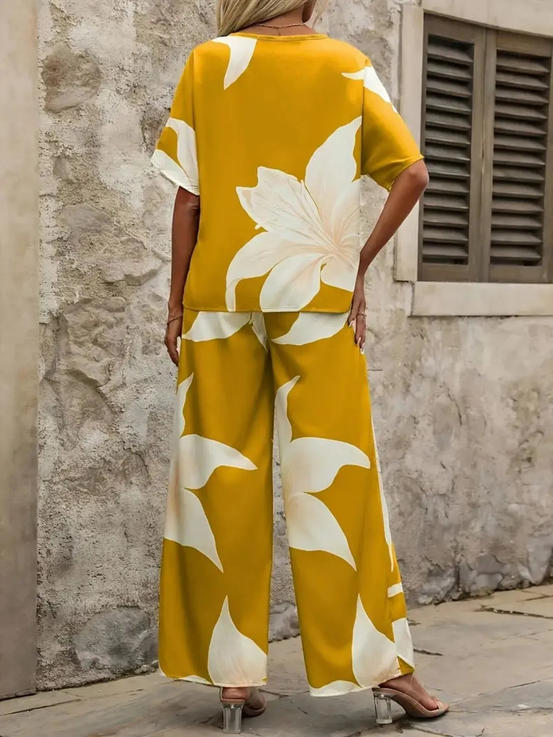 Printed V-Neck Top and Wide Leg Pants Set - Thalia Chic