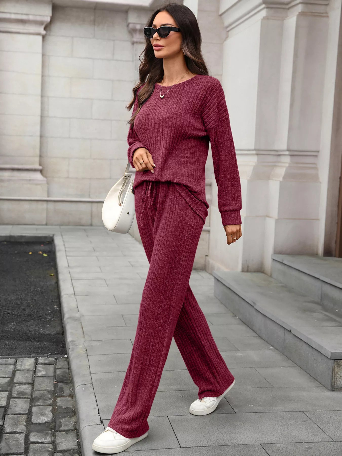 Ribbed Round Neck Top and Pants Set - Thalia Chic