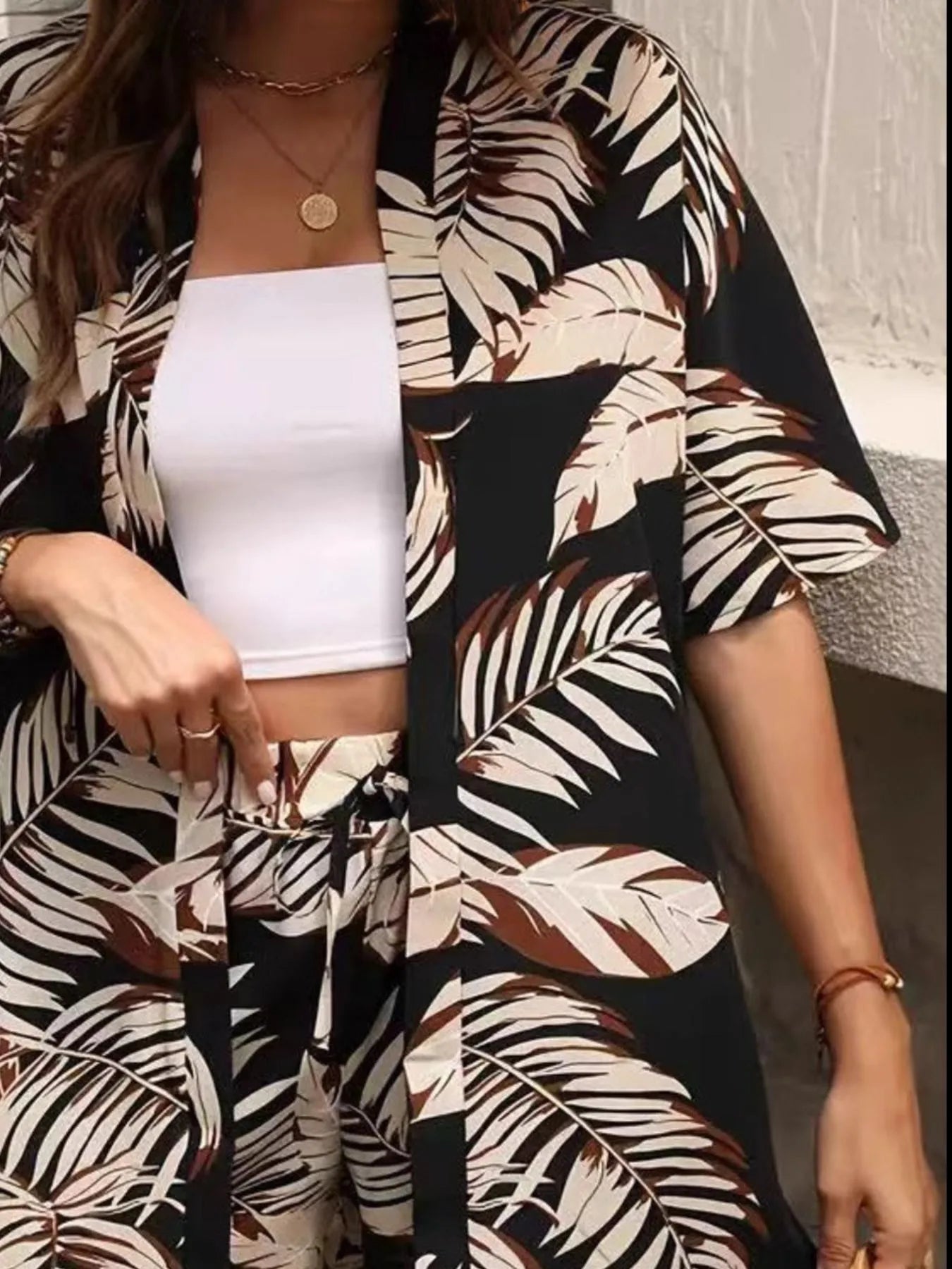 Printed Open Front Cardigan and Shorts Set - Thalia Chic