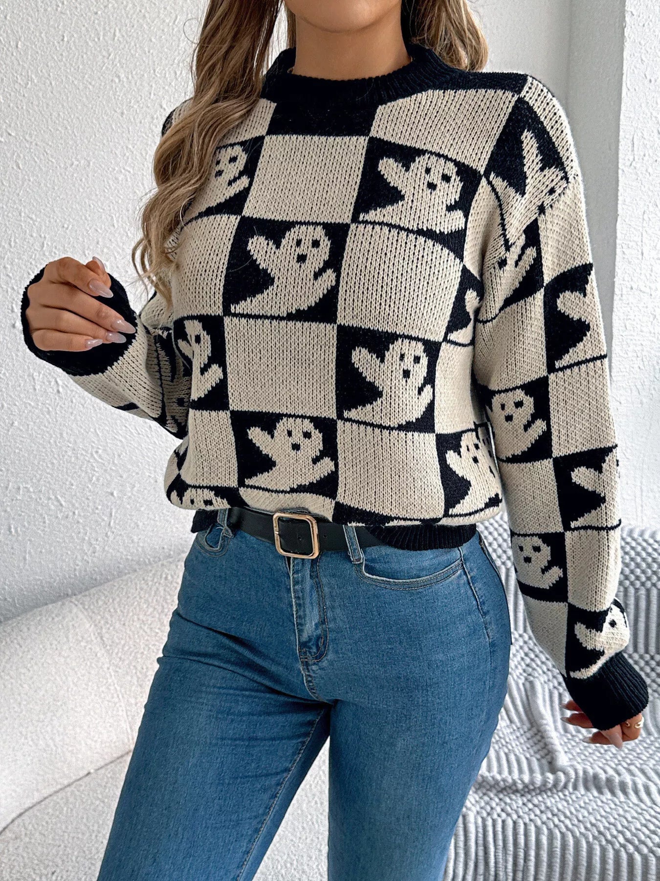 Halloween Ghost Pattern Checkered Round Neck Sweater - Thalia Chic