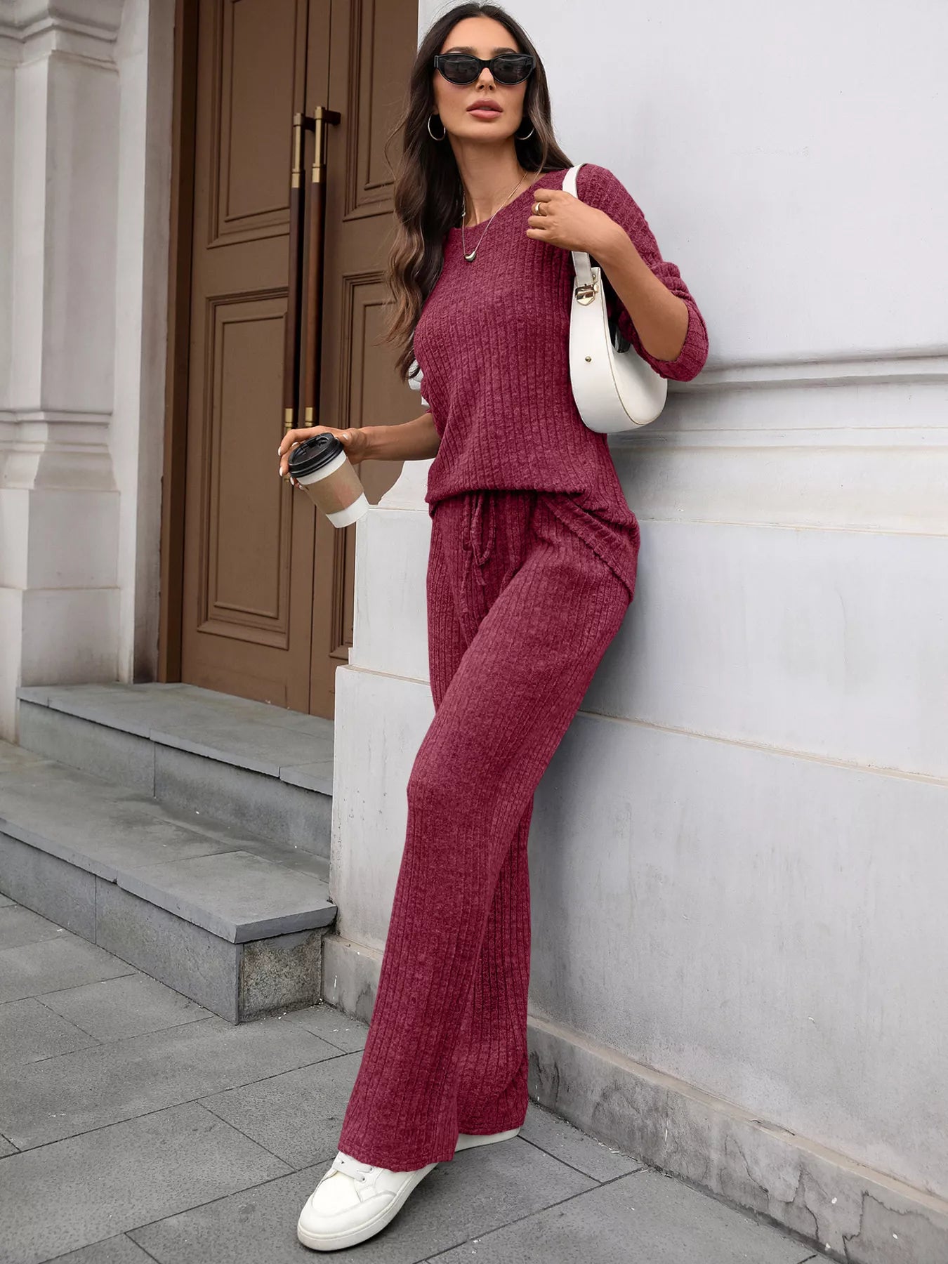 Ribbed Round Neck Top and Pants Set - Thalia Chic