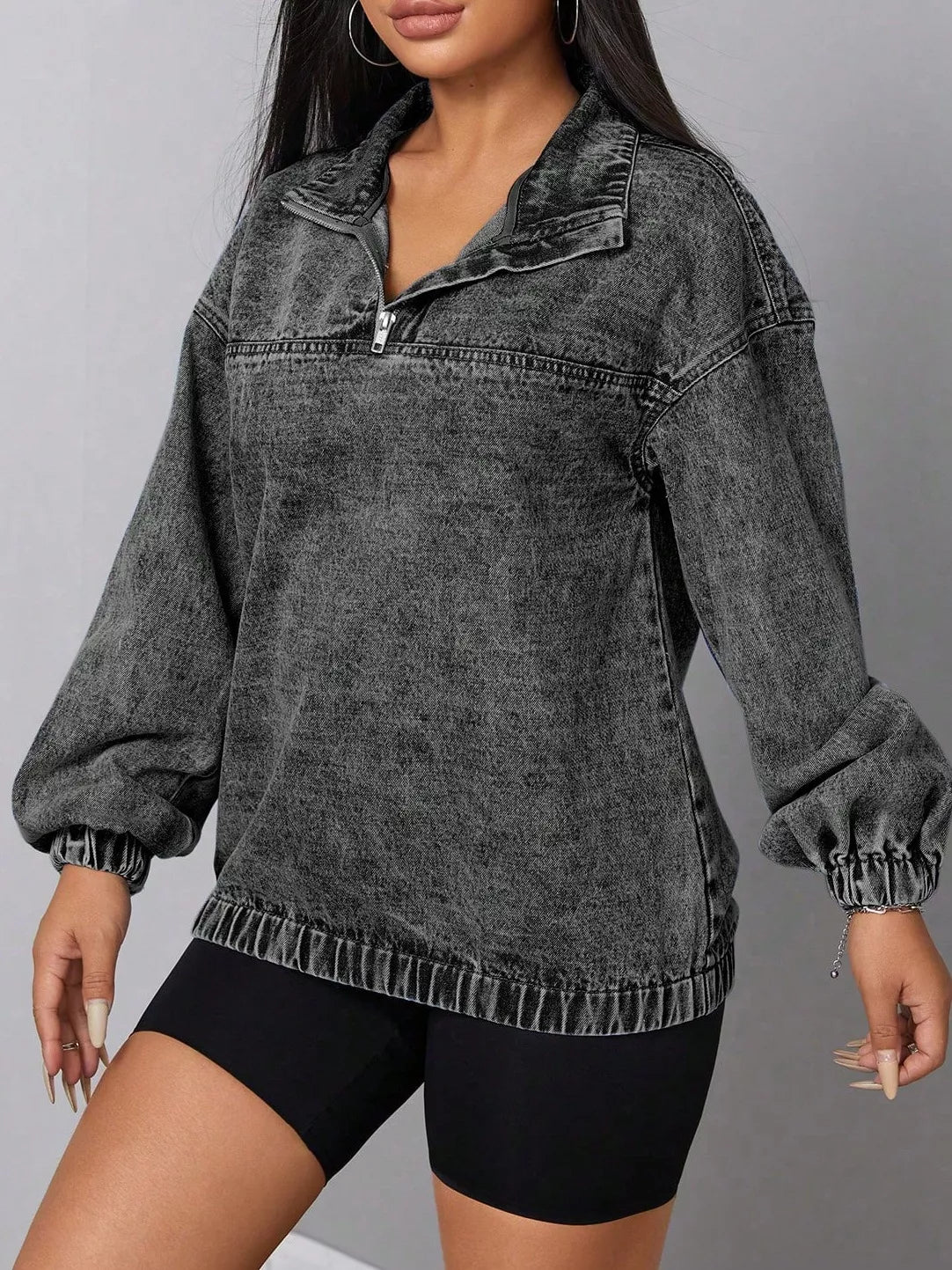 Elastic Hem Quarter Zip Denim Top - Thalia Chic