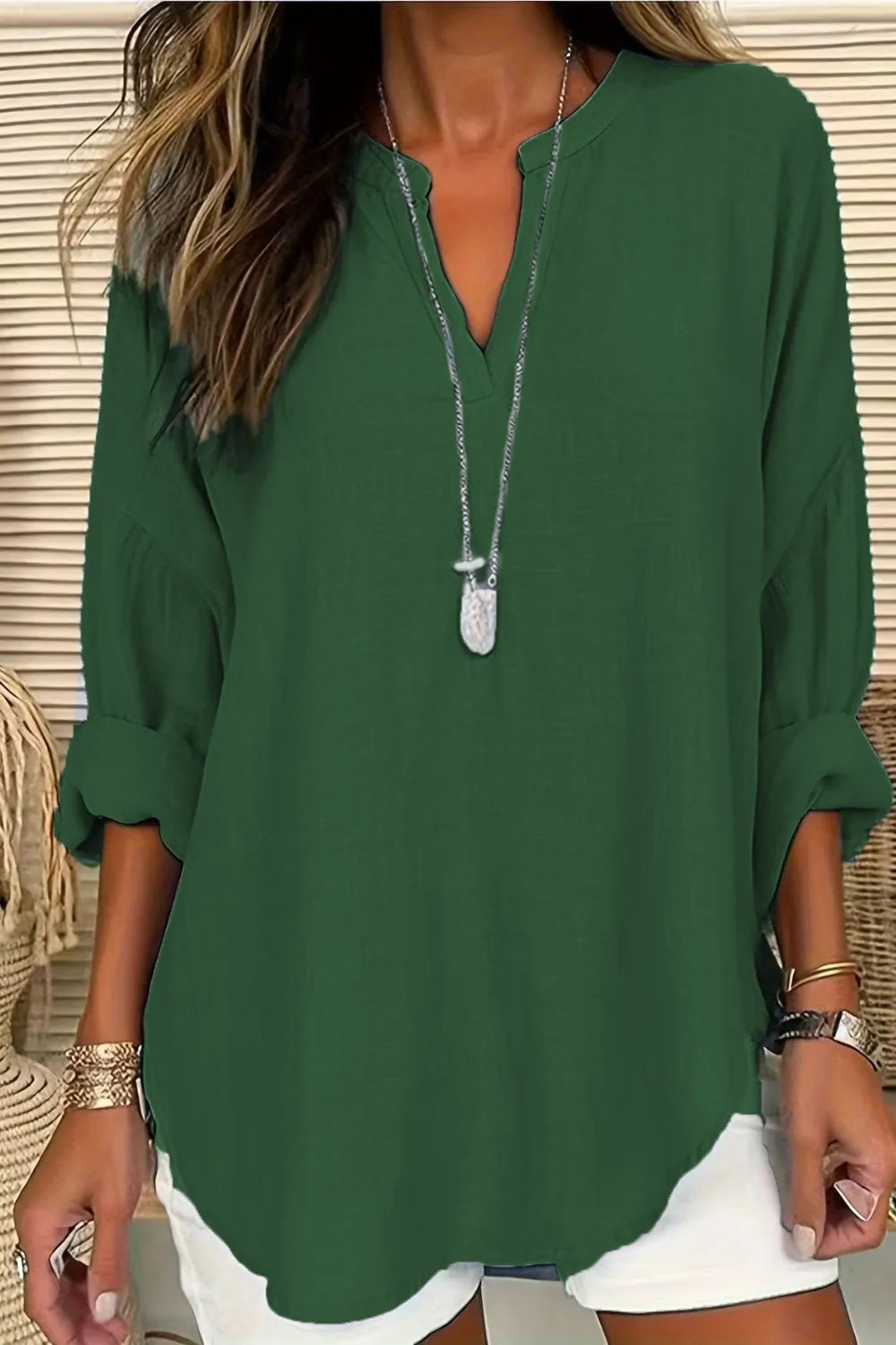 Solid Color Notched Long Sleeve Blouse - Thalia Chic