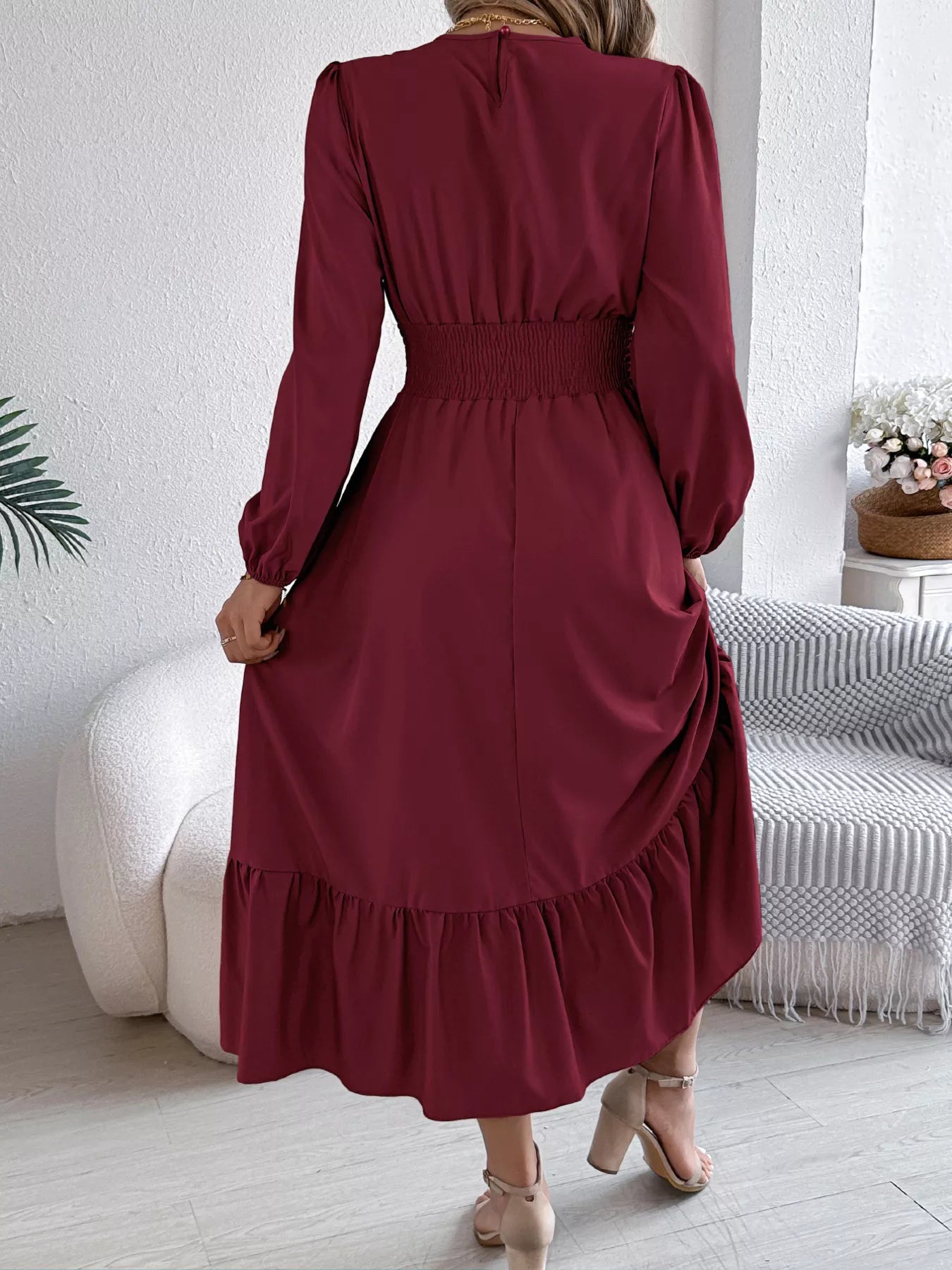 Round Neck Balloon Sleeve Tiered Dress - Thalia Chic
