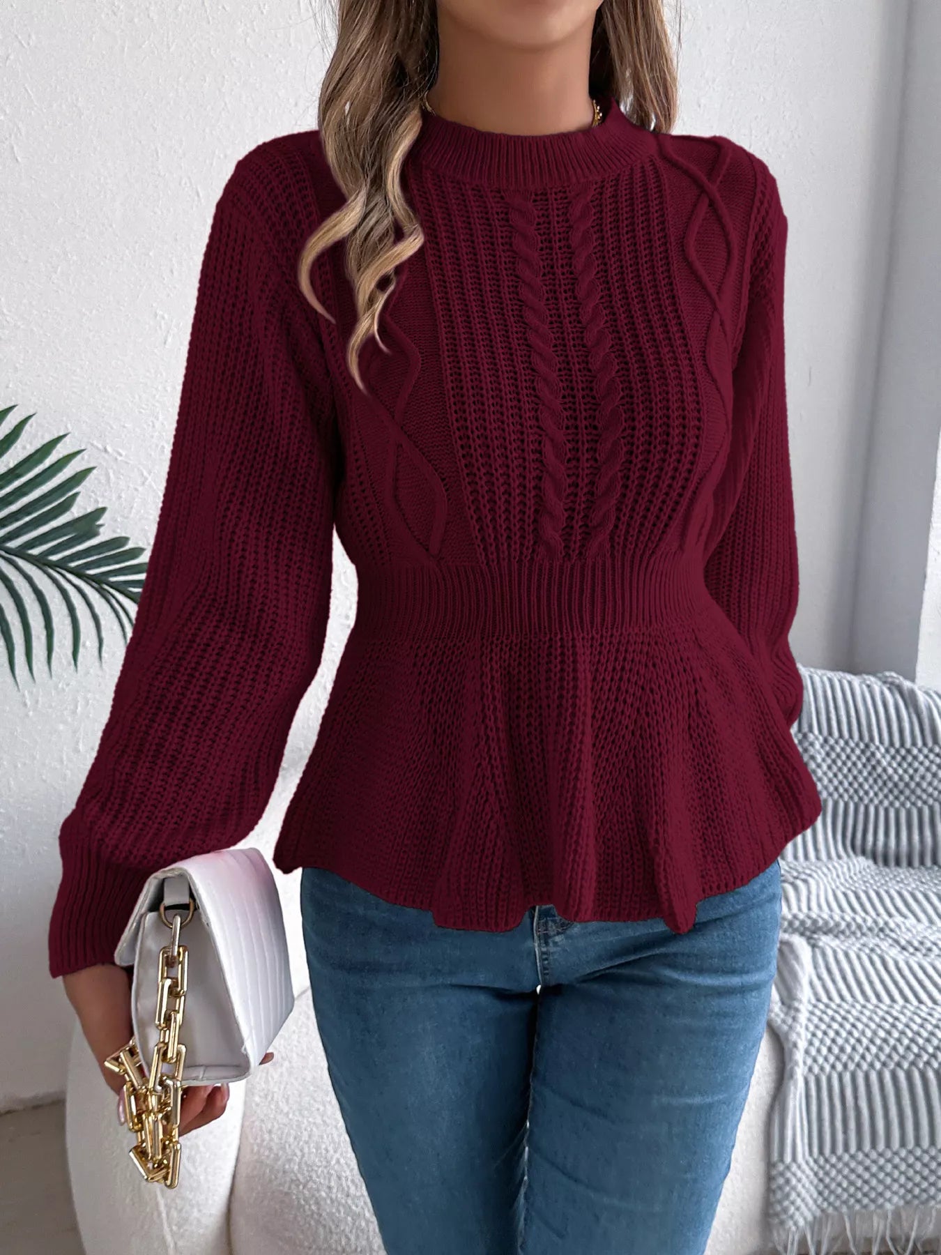 Cable Knit Round Neck Peplum Sweater - Thalia Chic