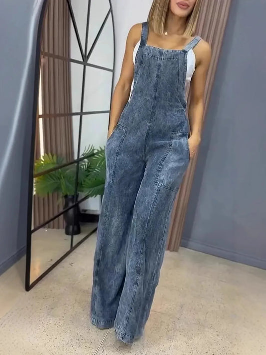 Full Size Wide Leg Washed Denim Overalls Plus Size - Thalia Chic