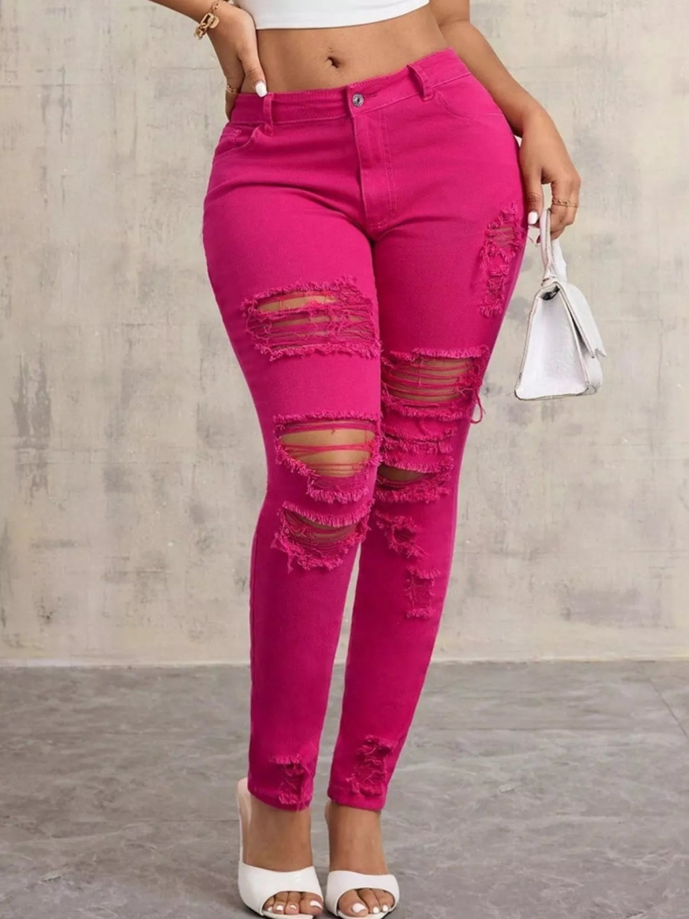 High-Waisted Distressed Skinny Jeans - Thalia Chic