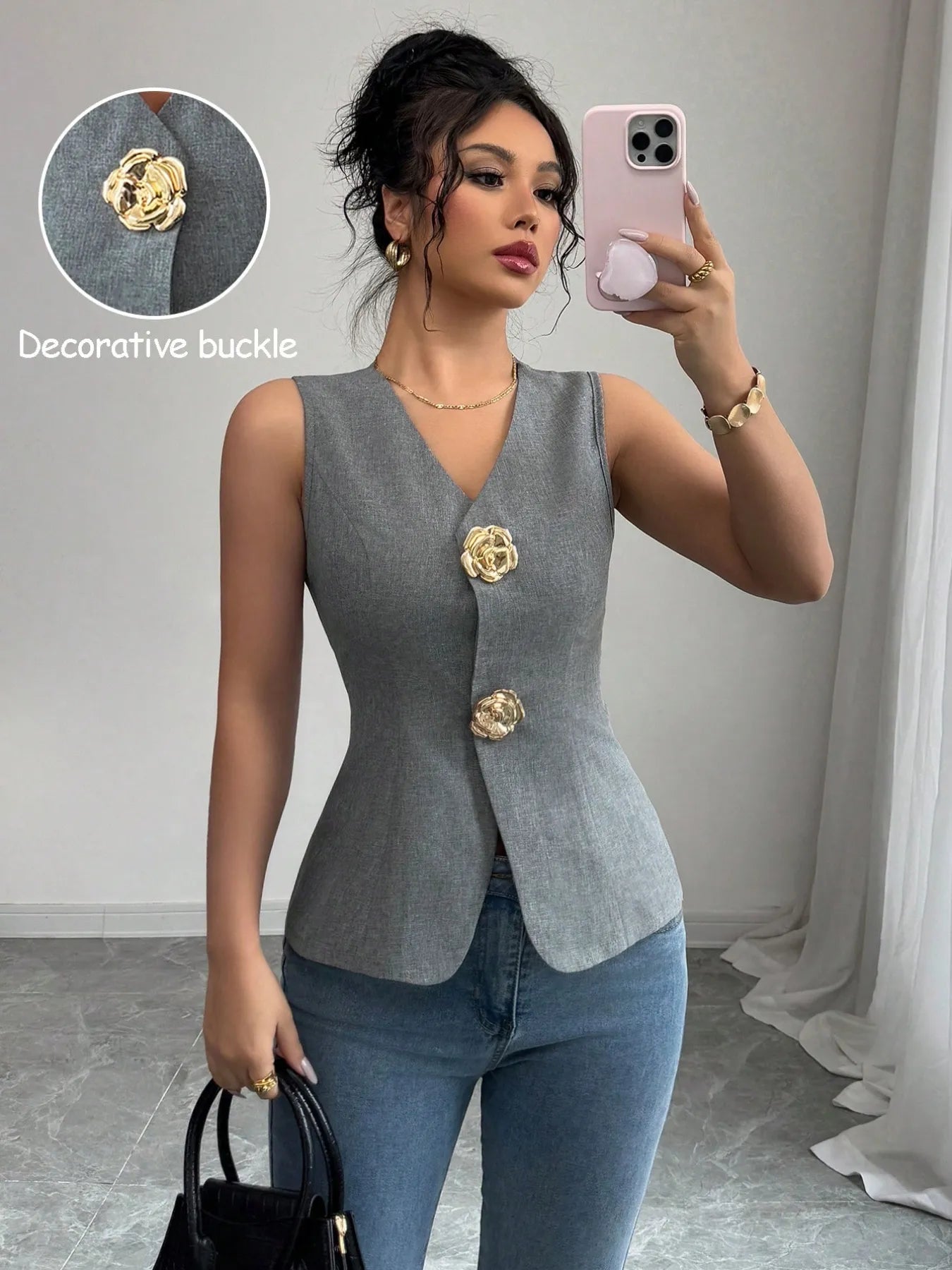 V-Neck Button Detail Tank Top - Thalia Chic