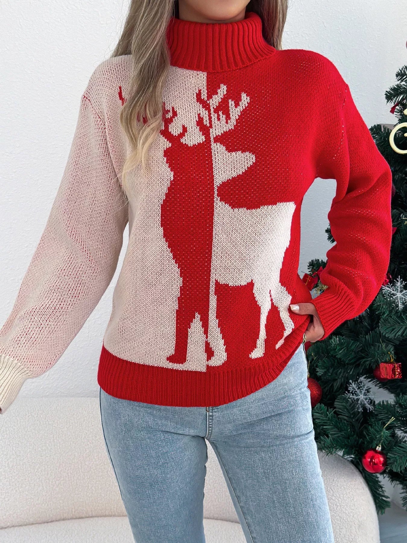 Christmas Reindeer Turtleneck Sweater - Thalia Chic