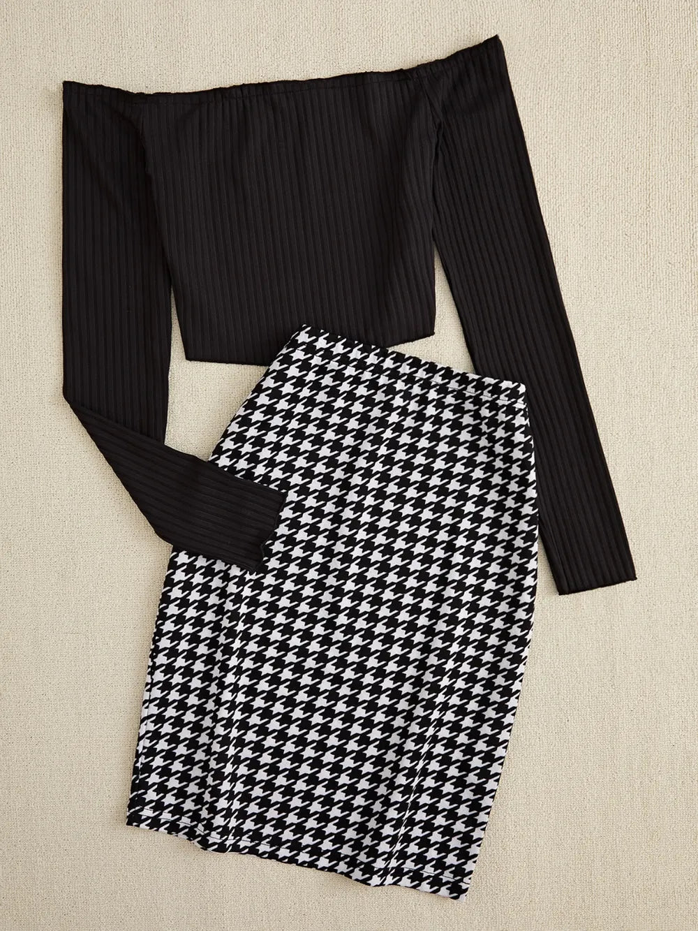 Off-Shoulder Long Sleeve Top and Houndstooth Skirt Set - Thalia Chic