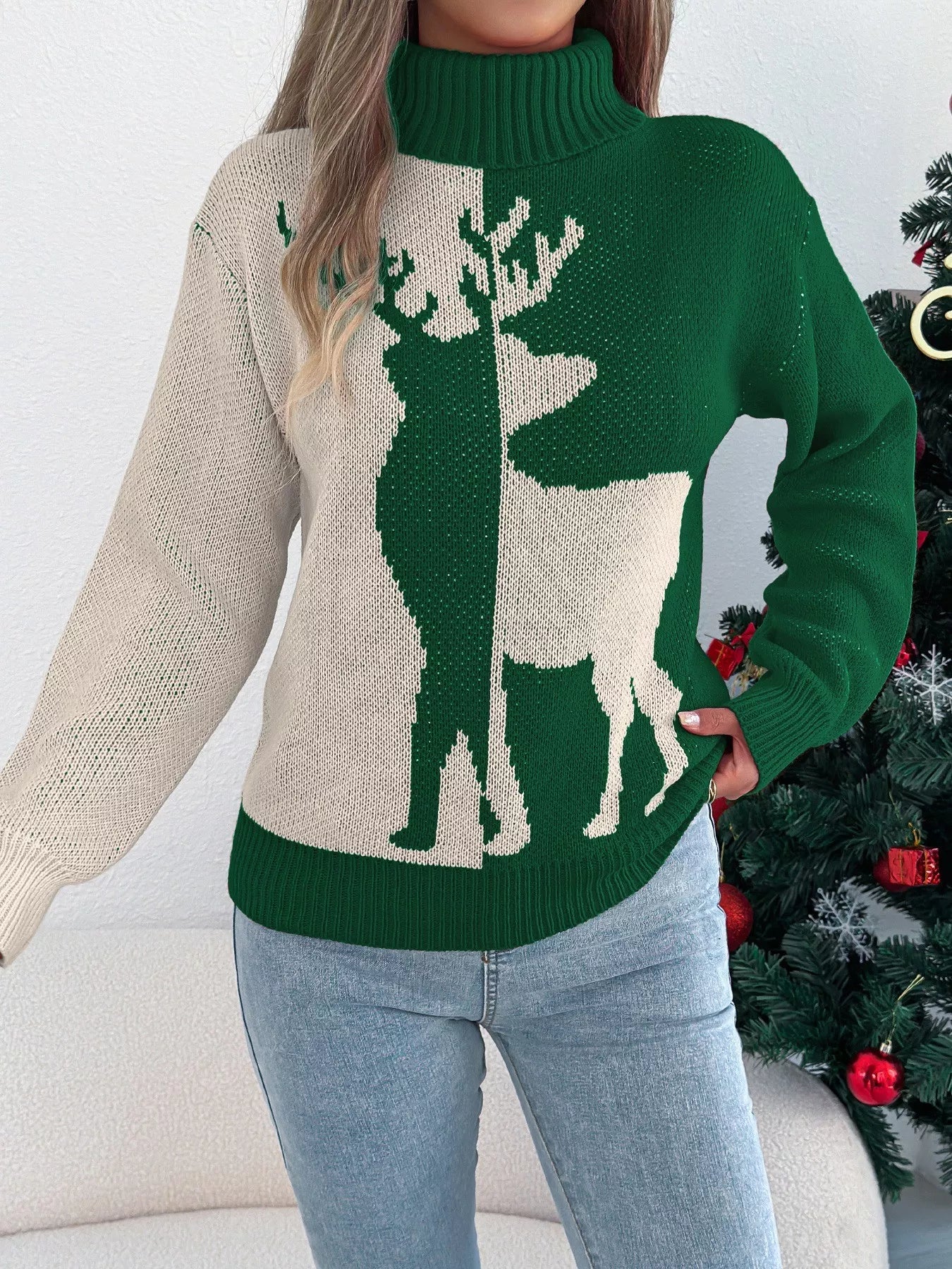 Christmas Reindeer Turtleneck Sweater - Thalia Chic