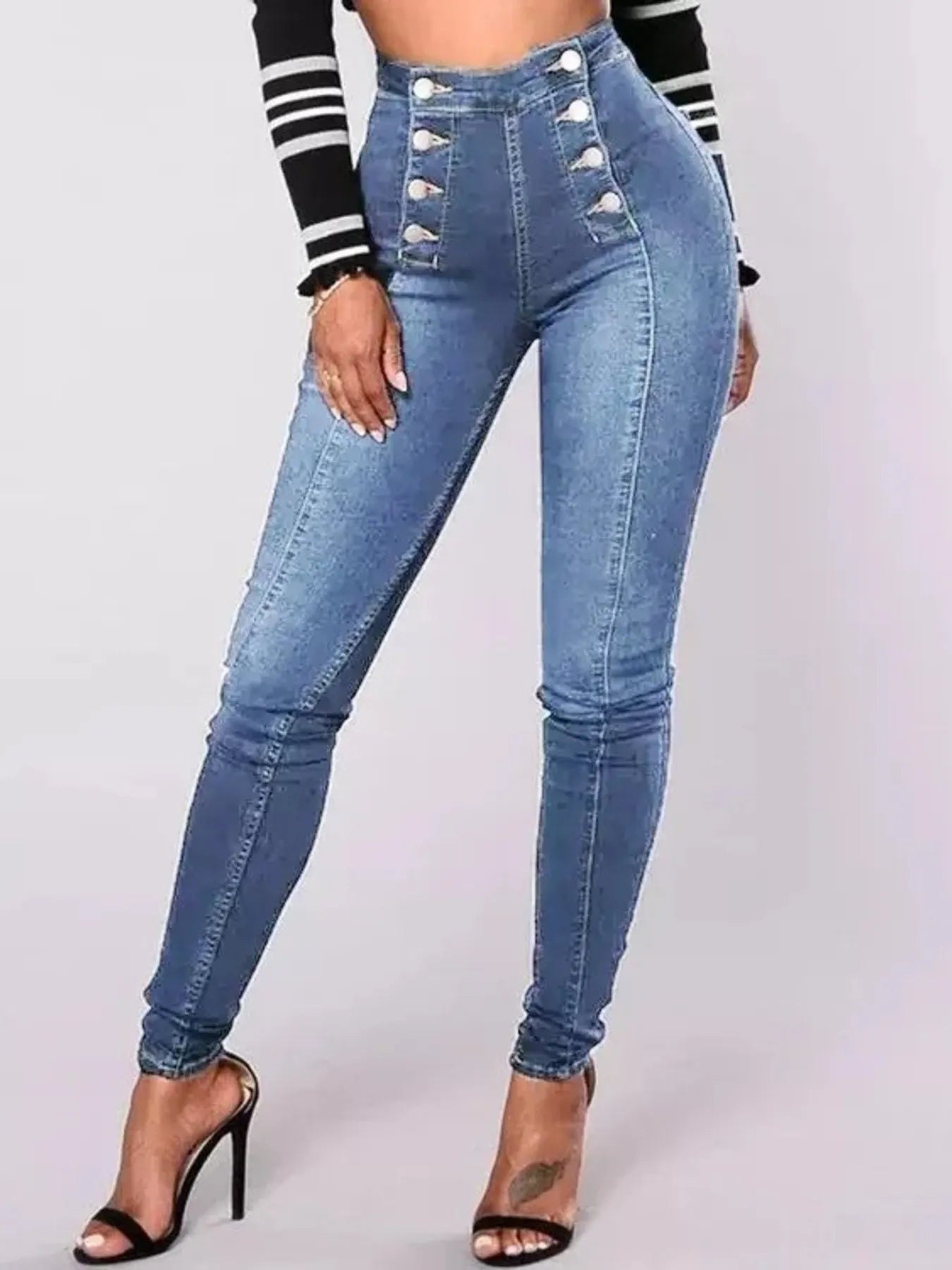 Full Size High-Waisted Double-Breasted Skinny Jeans Plus Size - Thalia Chic