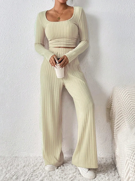 Honey Scoop Neck Long Sleeve Top and Pants Set - Thalia Chic