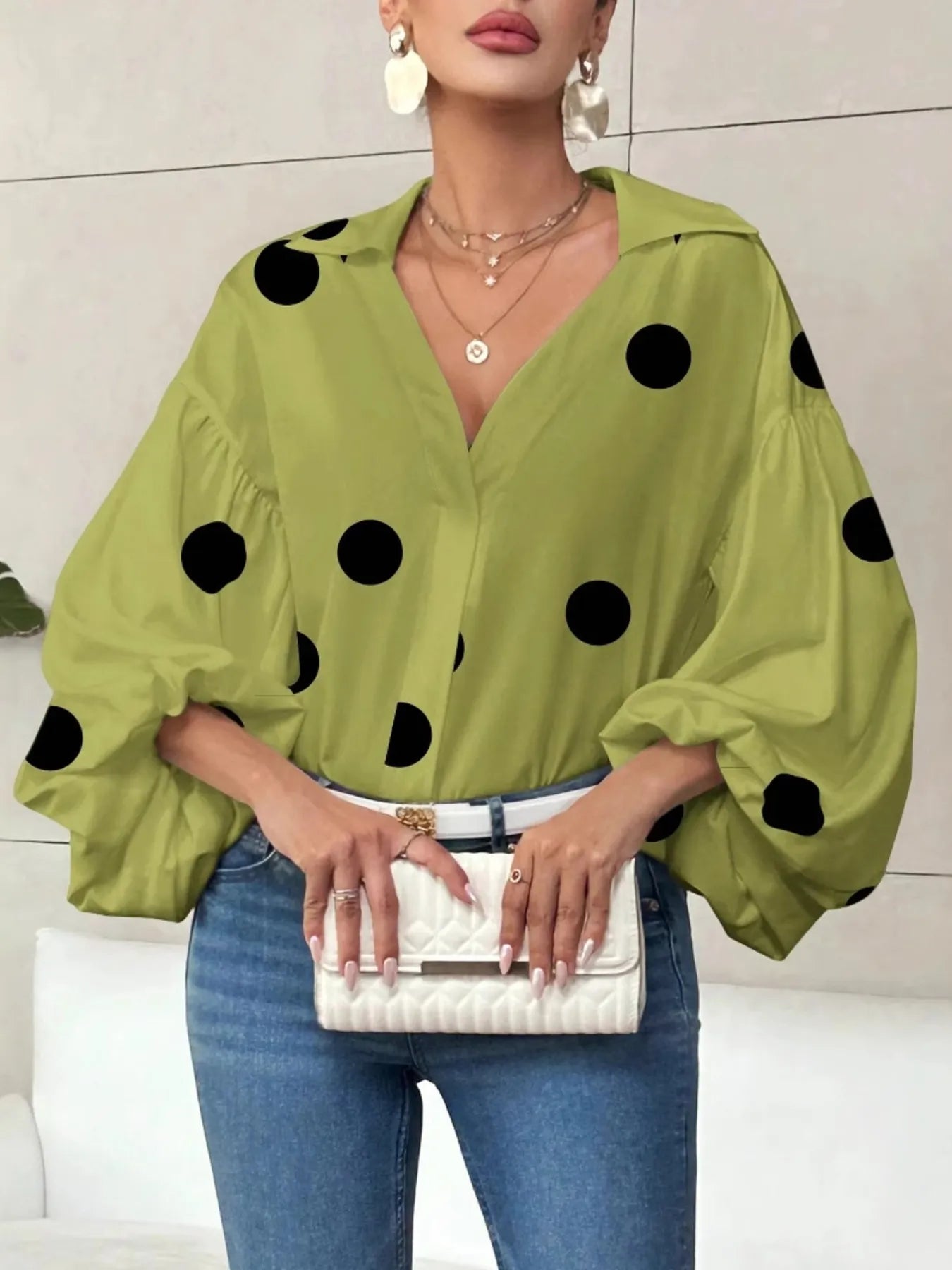 Polka Dot Balloon Sleeve Blouse - Thalia Chic