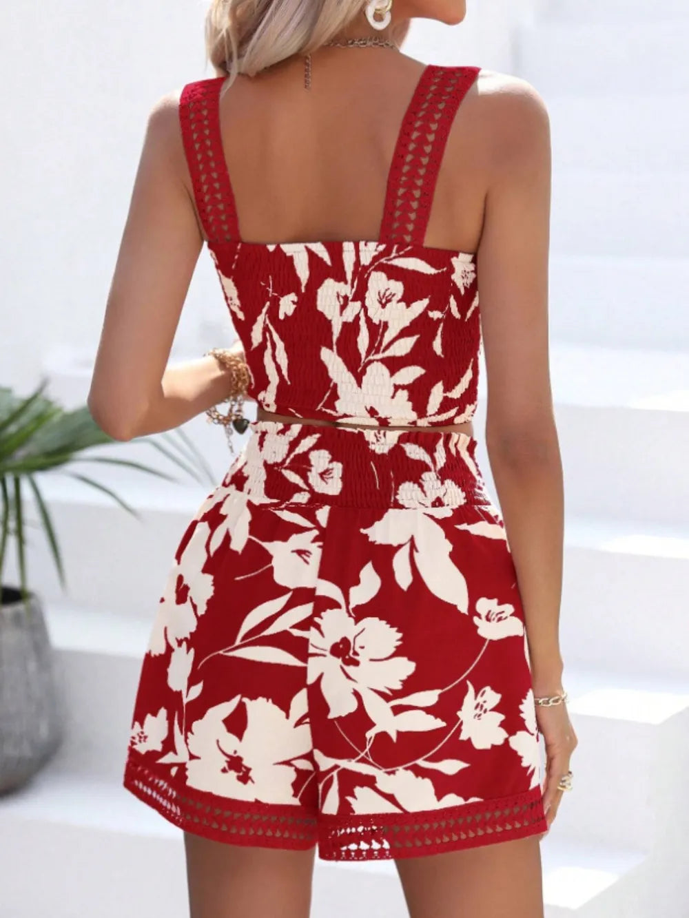 Smocked Printed Square Neck Top and Shorts Set - Thalia Chic