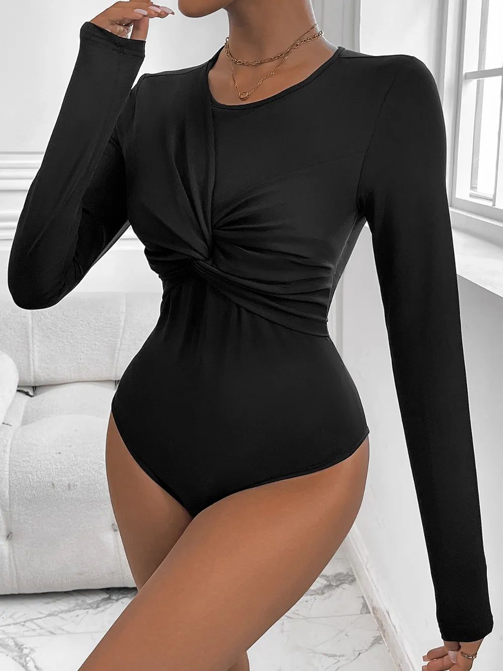 Perfee Twisted Round Neck Long Sleeve Bodysuit - Thalia Chic