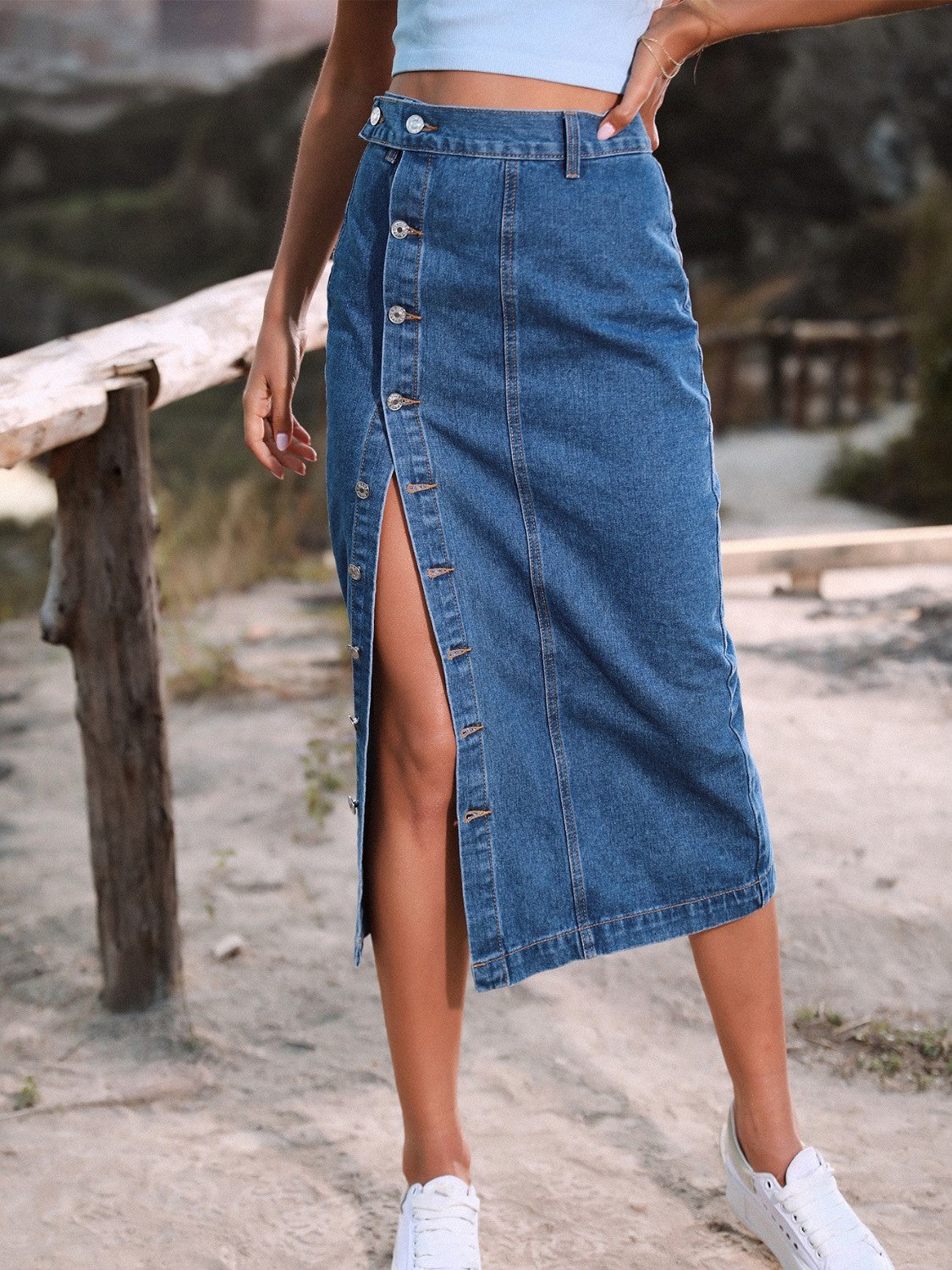 Button Down Denim Skirt - Thalia Chic