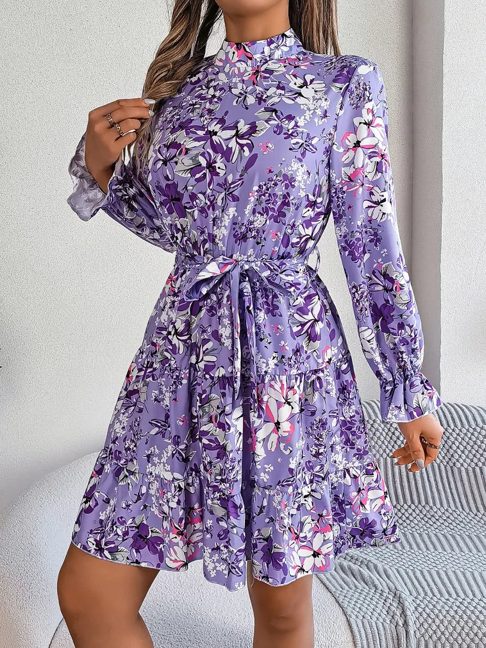 Printed Mock Neck Flounce Sleeve Mini Dress - Thalia Chic
