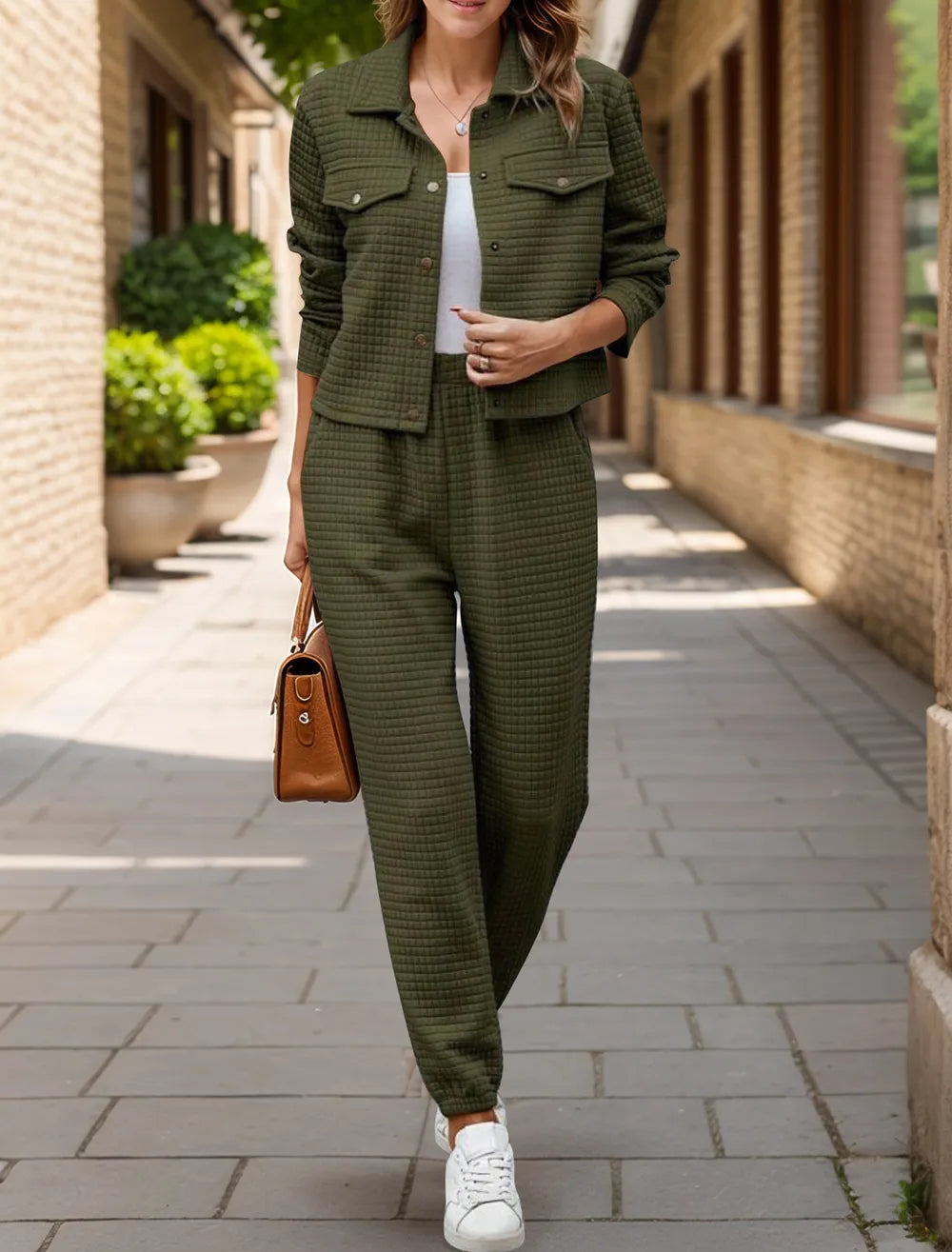 Plaid Texture Snap Down Top and Pants Set - Thalia Chic