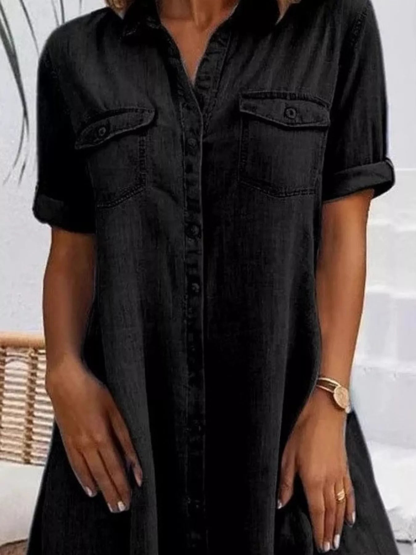 Full Size Button-Front Short Sleeve Denim Dress Plus Size - Thalia Chic